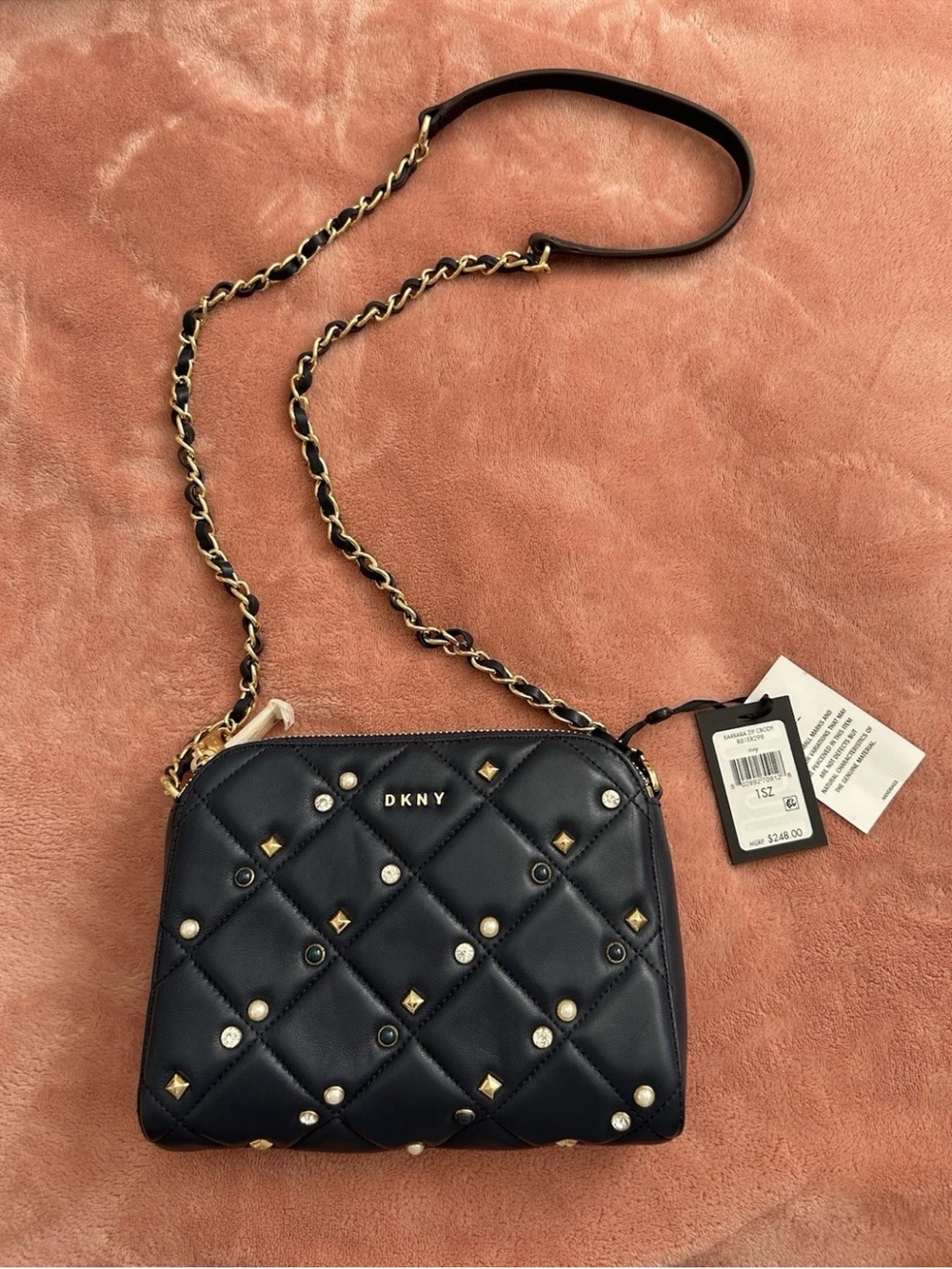 DKNY Navy Quilted Leather Crossbody with Gold Chain & Mixed Studs